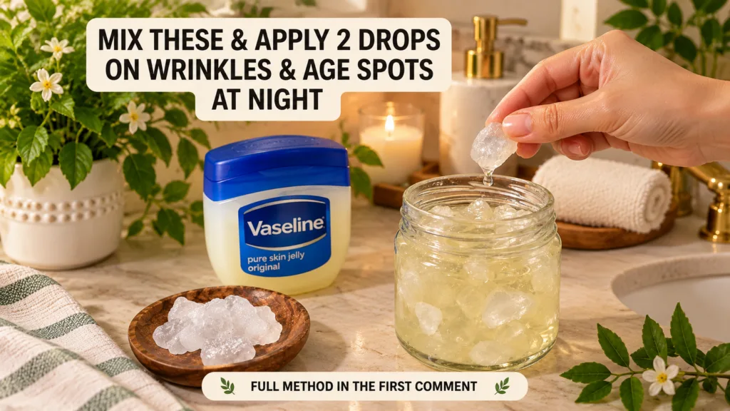 A hand dropping a clear crystalline substance into a glass jar filled with a yellowish liquid and some crystals with a t
