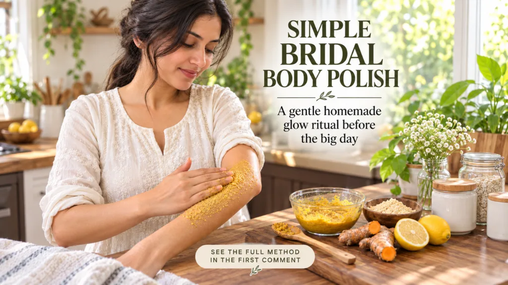 A woman applying a natural granular turmeric body polish to her forearm in a brightly lit kitchen She is looking down wi