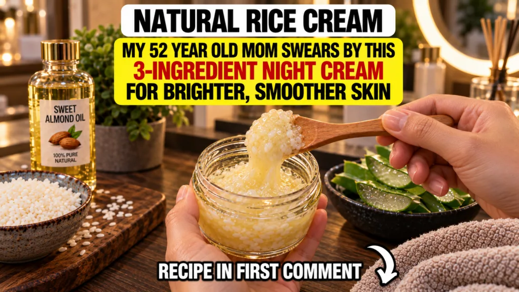 Hands holding a glass jar of homemade rice cream with a wooden spoon surrounded by raw rice sweet almond oil and aloe ve
