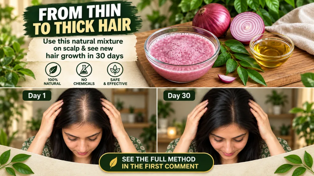 A vertical collage promoting a natural hair growth mixture with sections for text FROM THIN TO THICK HAIR ingredients re
