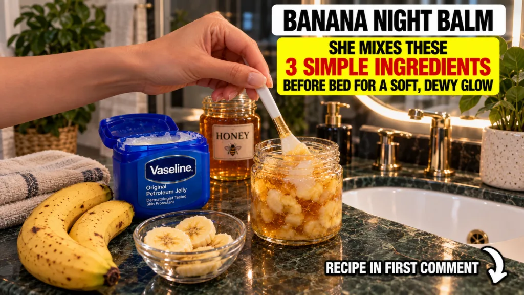 A hand gently stirring a homemade banana night balm in a clear glass jar with a tub of Vaseline a jar of honey and slice