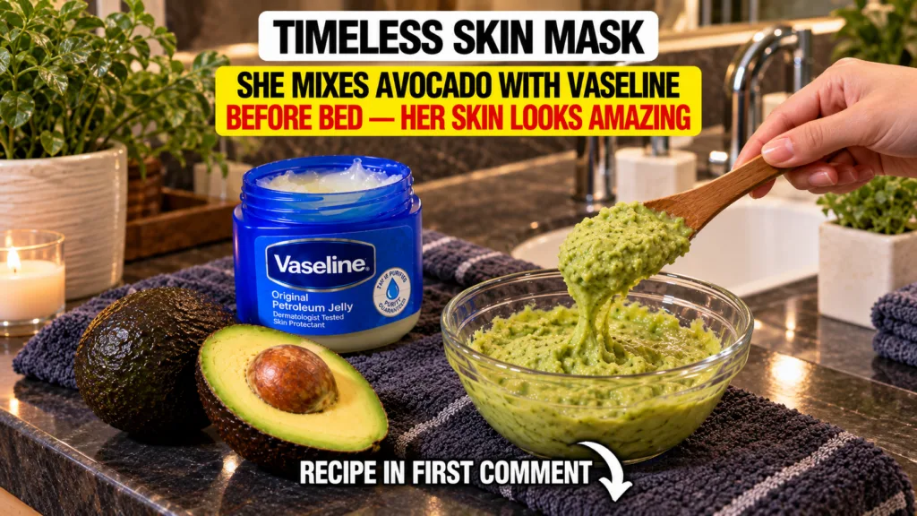 A homemade skincare preparation showing a jar of Vaseline two halves of a fresh avocado and a bowl of mashed avocado mix