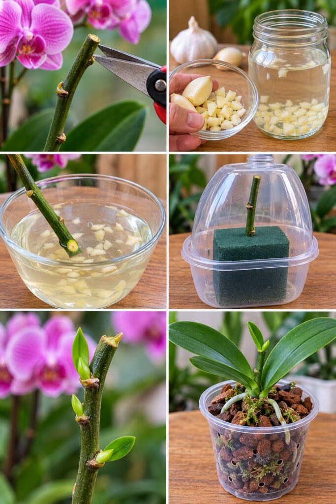 A 3x2 grid collage showing the steps of orchid propagation cutting a flower spike preparing garlic water soaking the spi