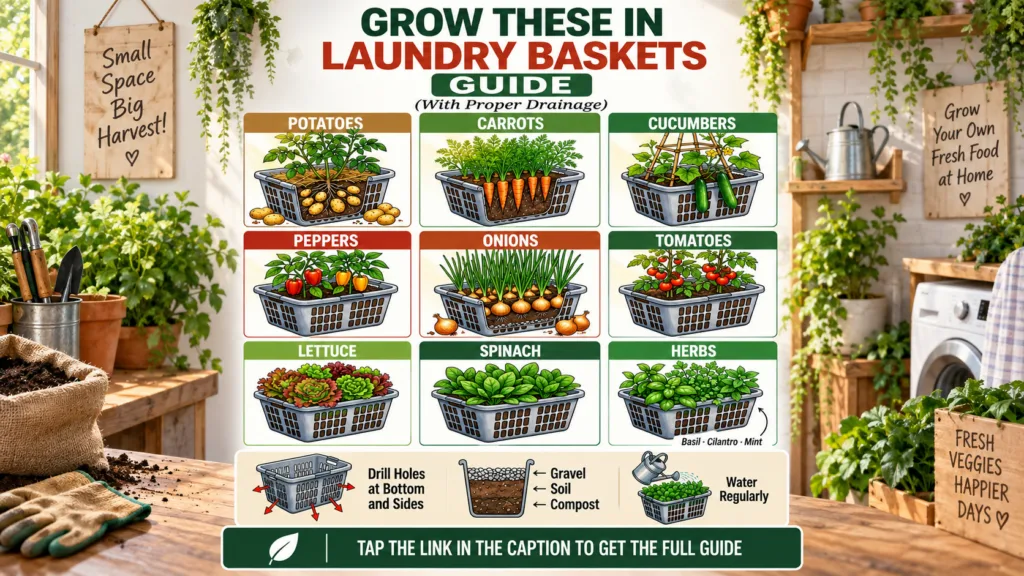 An infographic titled Grow These in Laundry Baskets Guide showing nine illustrations of crops like potatoes carrots toma