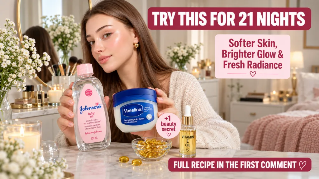 A young woman holding bottles of Johnson s baby oil and Vaseline with a bowl of vitamin E capsules and a bottle of vitam