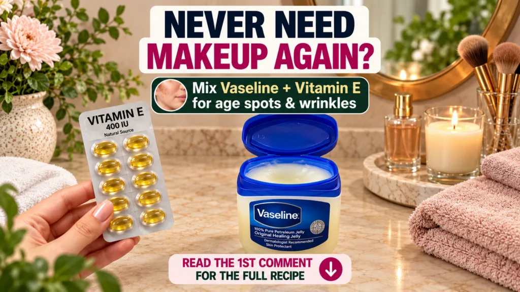 A hand holding Vitamin E capsules next to an open tub of Vaseline on a vanity with soft pink flowers and a lit candle in