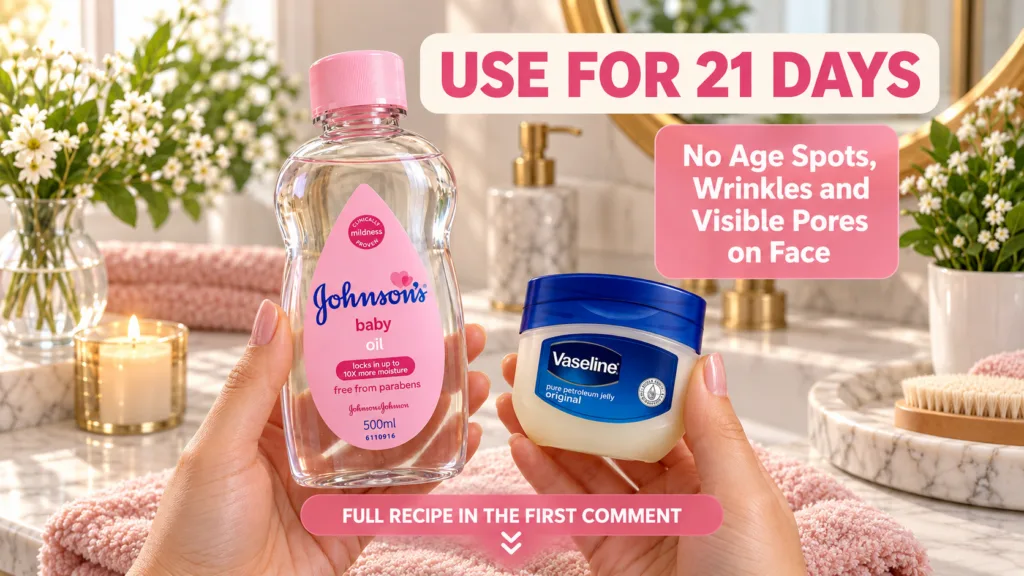 Two hands holding bottles of Johnson s baby oil and Vaseline petroleum jelly in a clean bright bathroom setting