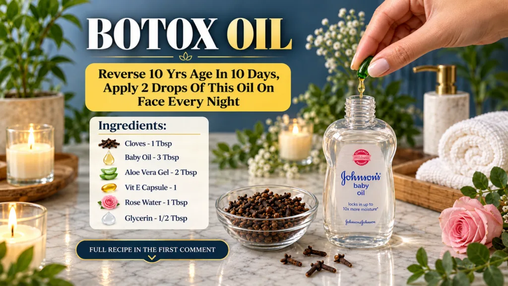 A hand dripping liquid from a green capsule into a bottle of Johnson s baby oil with a bowl of cloves a lit candle and g