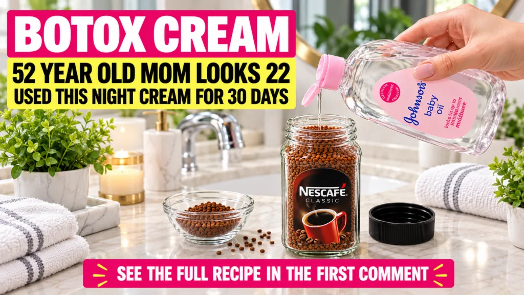 A hand pouring Johnson s baby oil into a glass jar filled with Nescafe Classic instant coffee granules on a light counte