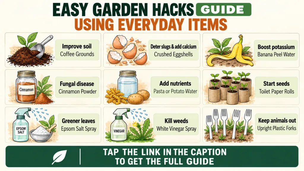 An infographic titled Easy Garden Hacks Guide Using Everyday Items showing a 3x3 grid of cartoon-style illustrations Eac