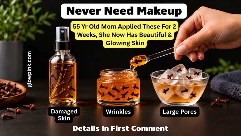 Three glass containers with clove-infused liquid and ice a hand holding a spoon dripping amber liquid into a jar flanked