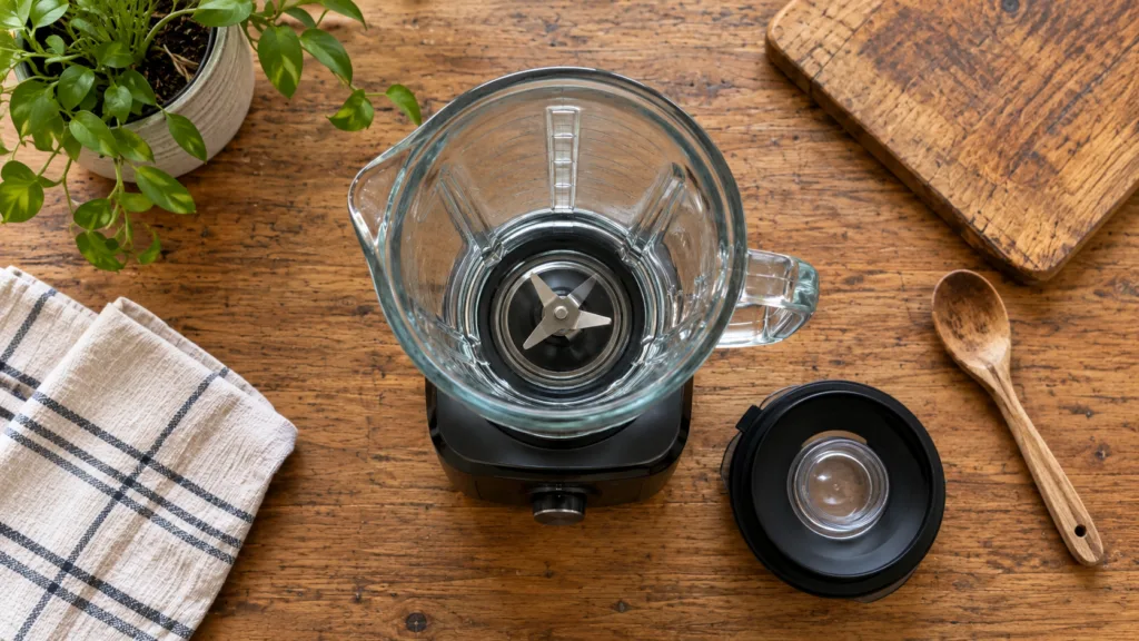 An empty blender sits on a warm wooden kitchen counter ready for use A potted plant and kitchen utensils are neatly arra