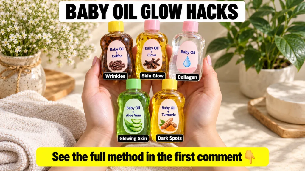 A pair of hands gently holding five small bottles of baby oil each infused with a different natural ingredient coffee cl