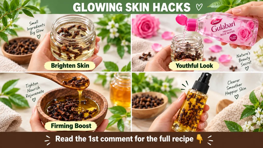 A vibrant vertical collage showcasing four distinct glowing skin hacks using cloves Each quadrant features hands interac