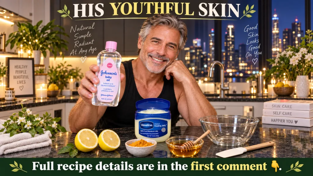 A smiling middle-aged man presenting a bottle of Johnson s Baby Oil with an open tub of Vaseline Healing Jelly lemons tu