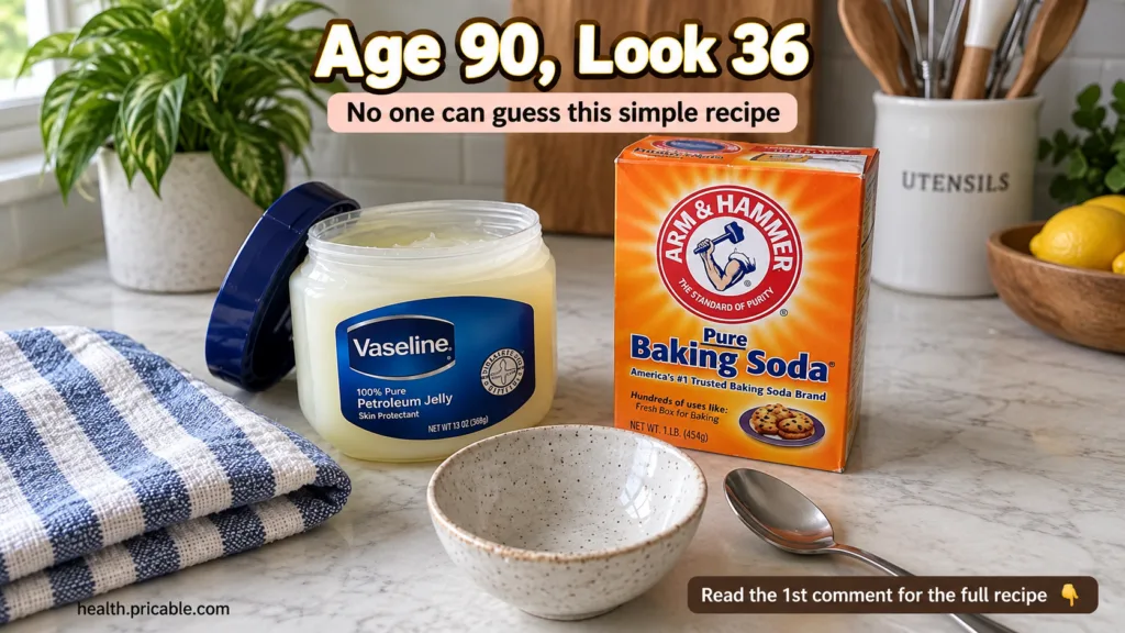 A flat lay of common household items on a light marble countertop including an open jar of Vaseline a box of baking soda