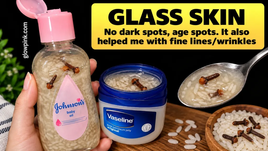 A hand holding a Johnson s baby oil bottle and a Vaseline petroleum jelly jar both filled with a milky white liquid cont