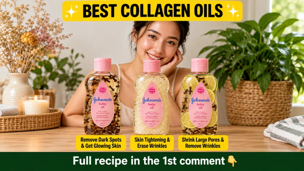 A smiling woman in the upper half with three customized Johnson s baby oil bottles on a wooden table below her Each bott