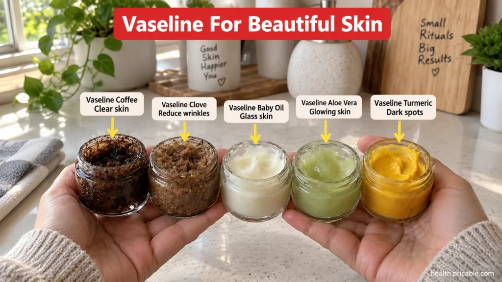 A pair of hands holding five small glass jars each containing a different Vaseline-based skincare concoction with text o