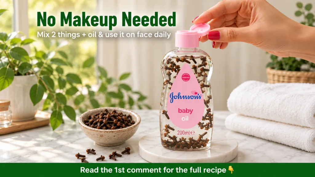 A bottle of baby oil infused with cloves with a small bowl of cloves a hand holding the bottle cap white towels and soft