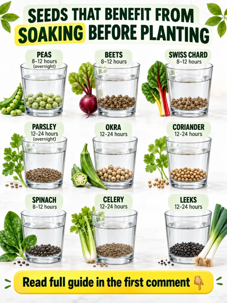 An infographic showing various seeds in glasses of water each paired with its mature plant form and recommended soaking 