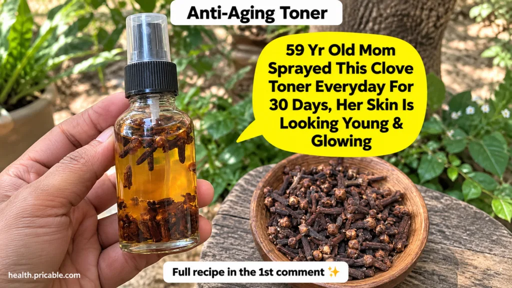 A hand holds a small spray bottle with golden clove toner and clove buds next to a wooden bowl filled with dried cloves