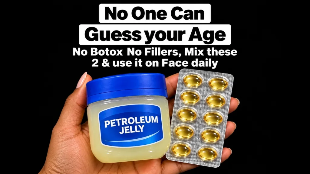 A hand holding a jar of petroleum jelly and a blister pack of golden liquid capsules likely vitamin E or A against a dar