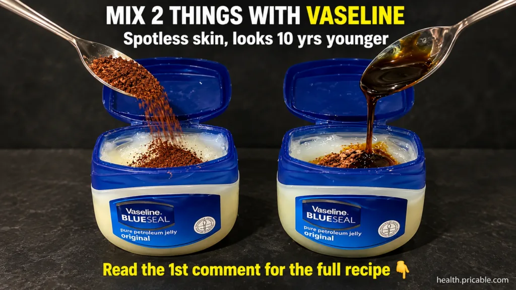Two open tubs of Vaseline BlueSeal petroleum jelly on a dark background A spoon is pouring dark brown coffee grounds int