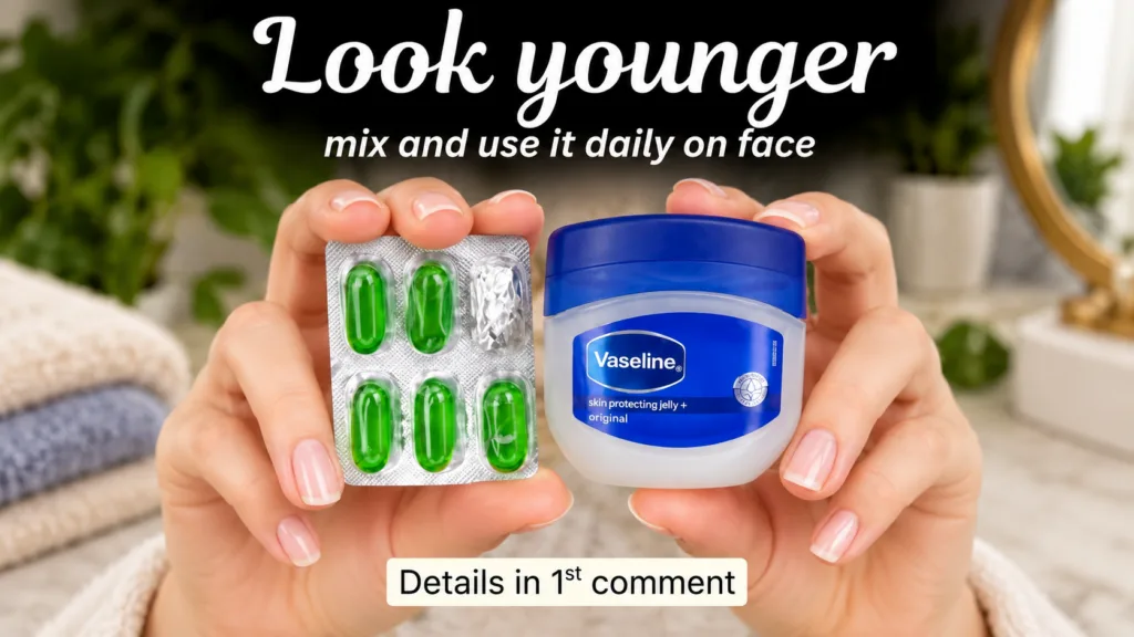 A close-up of hands holding a blister pack of green vitamin E capsules and a small jar of Vaseline skin protecting jelly