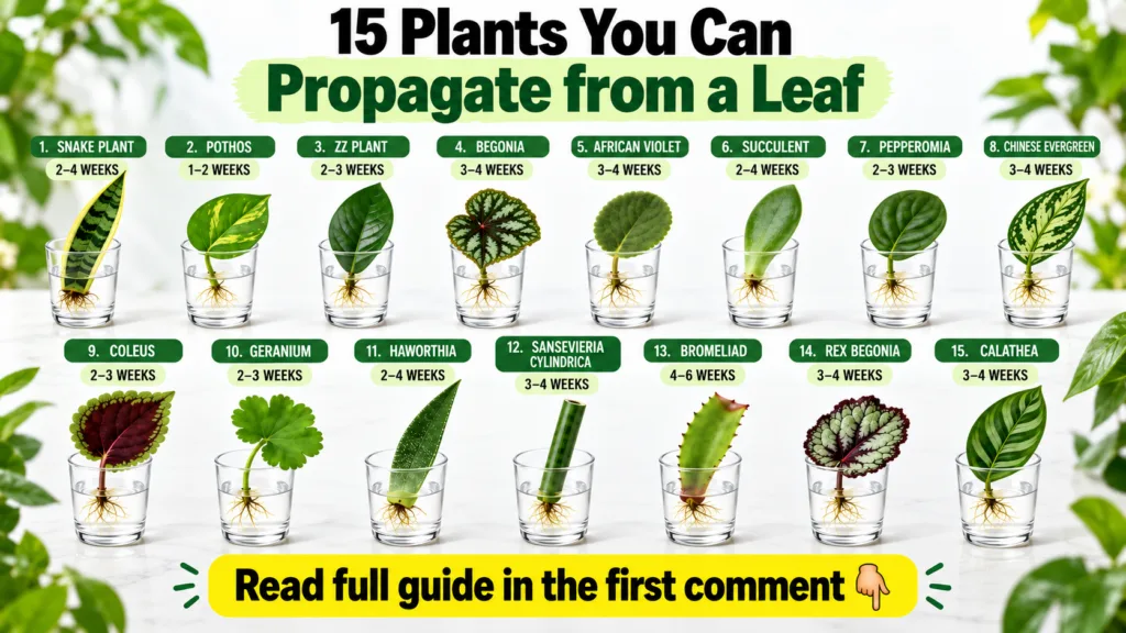 A grid arrangement of various plant leaves such as snake plant and begonia each in a small glass of water showing roots 