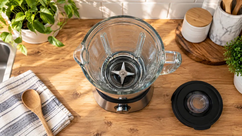 An empty glass blender on a warm wooden kitchen counter surrounded by a folded kitchen towel a wooden spoon and the blen