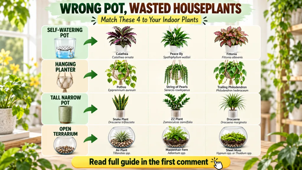 An infographic showing different types of pots like self-watering hanging tall narrow and open terrariums each with exam