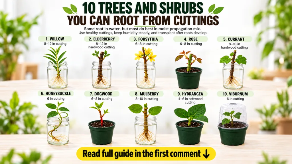A clear grid display of 10 different plant cuttings identified by name some in glass jars with roots in water others in 