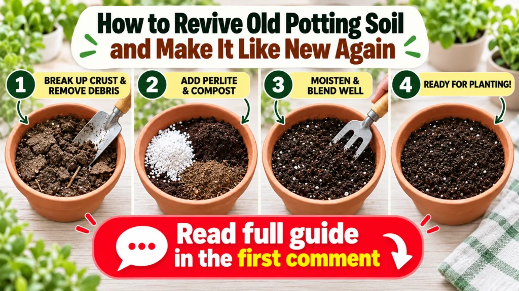 A four-panel infographic demonstrating how to revive old potting soil Each panel shows a terracotta pot with soil in var