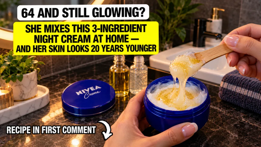 A hand mixing golden rosehip oil into white Nivea cream and clear aloe vera gel in a blue jar with a wooden spoon on a b