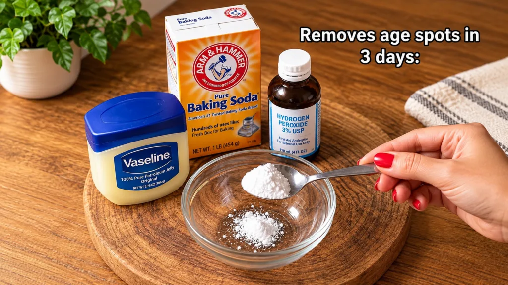 Ingredients for a homemade age spot remedy on a wooden cutting board