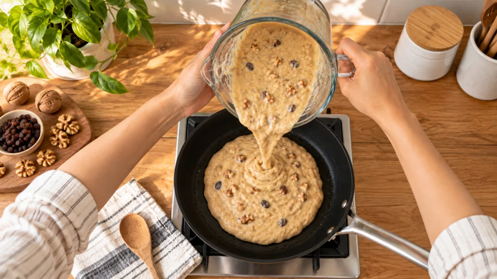 An overhead shot of hands pouring thick vegan pancake batter enriched with walnuts and raisins from a blender pitcher in
