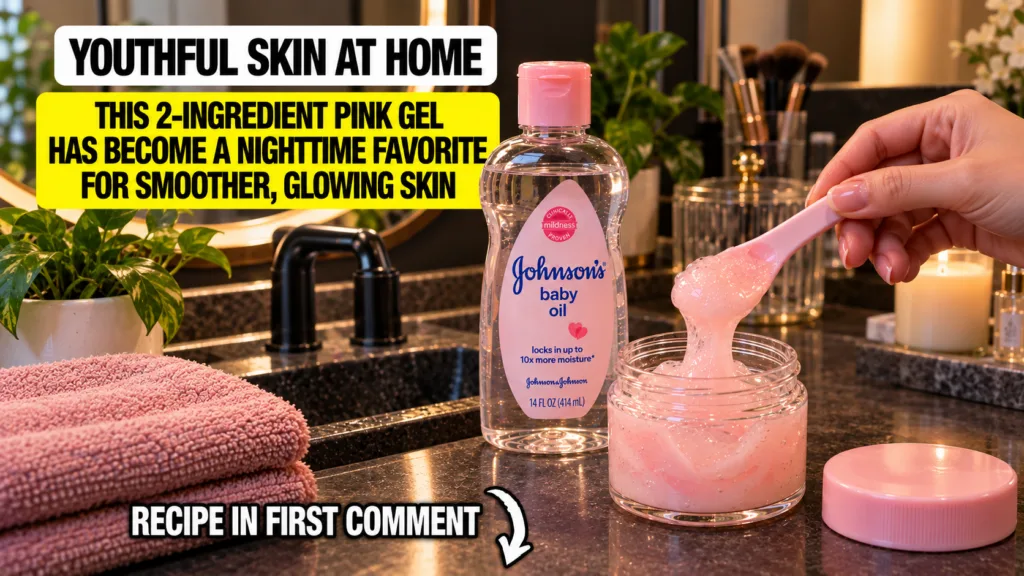 A bottle of Johnson s baby oil next to a small jar of sparkling pink gel A hand holds a spatula scooping some gel The sc