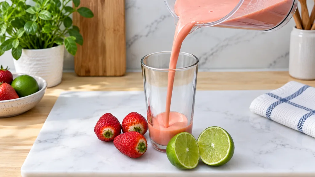 A vibrant pink liquid likely a strawberry lemon smoothie being poured from a measuring cup into a clear glass Around the