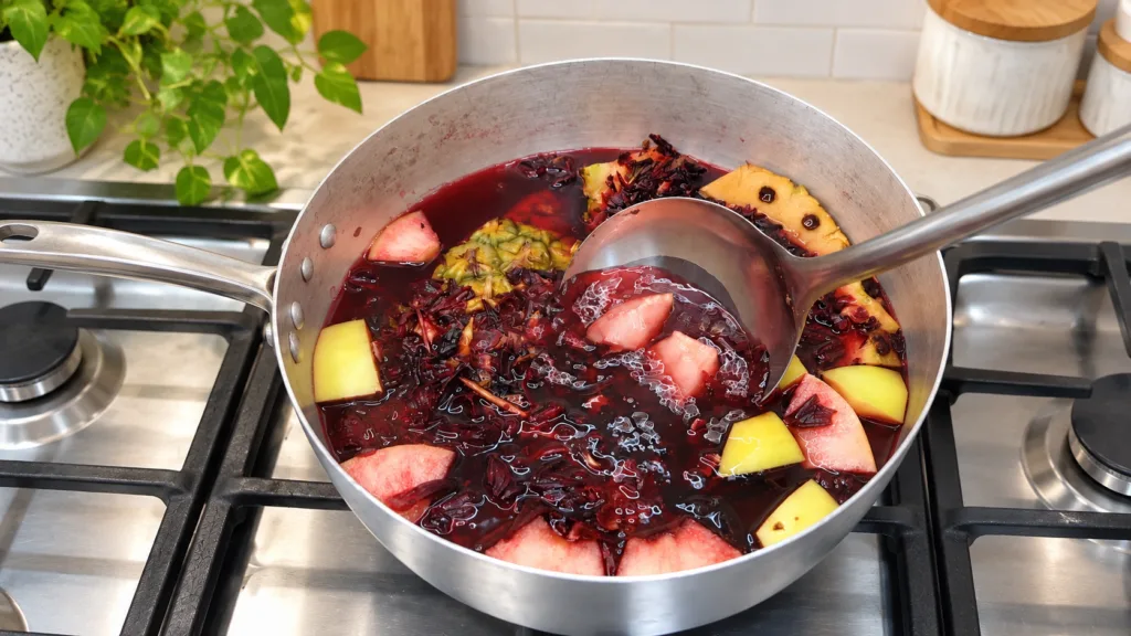 A large metal pot on a stovetop filled with dark red hibiscus and fruit infusion containing slices of green and red appl