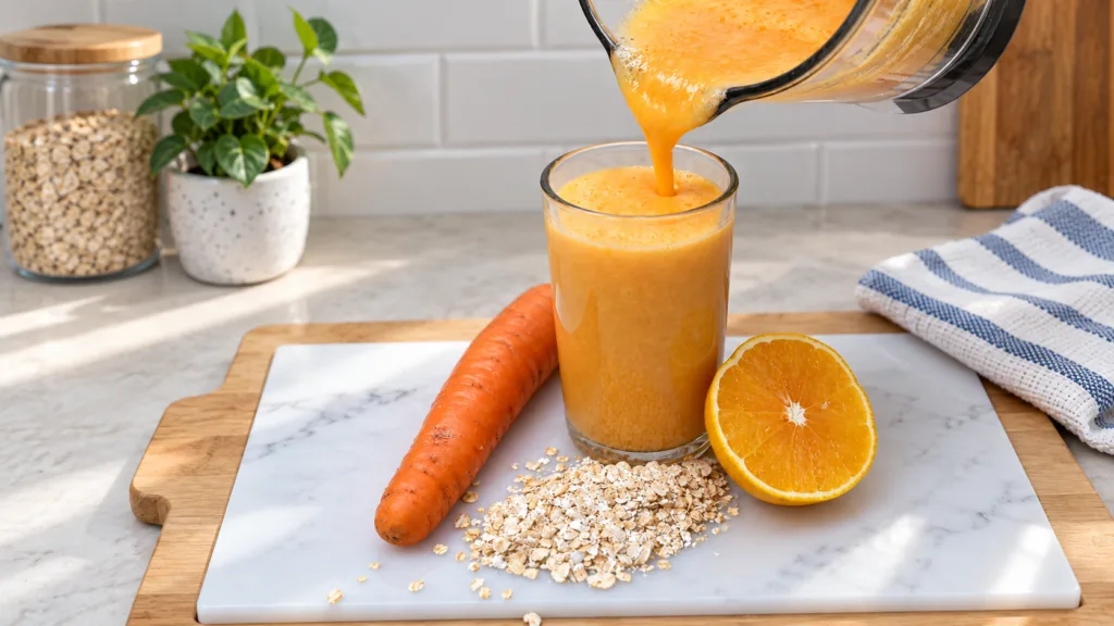 A vibrant healthy carrot orange and oat smoothie being poured from a blender pitcher into a glass on a kitchen counter