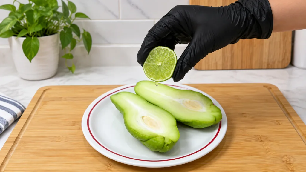 A hand in a black glove squeezing a fresh lime half with visible juice drops positioned above a white plate holding two 