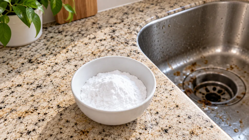A bottle of white vinegar next to a spray bottle and cleaning cloths on a clean surface
