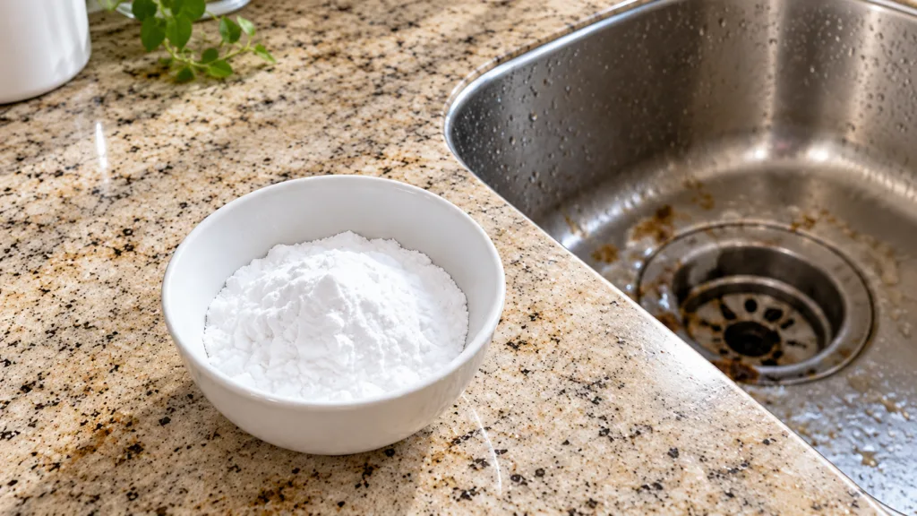 A spray bottle filled with a clear liquid vinegar solution on a clean kitchen counter next to a bowl of white vinegar an