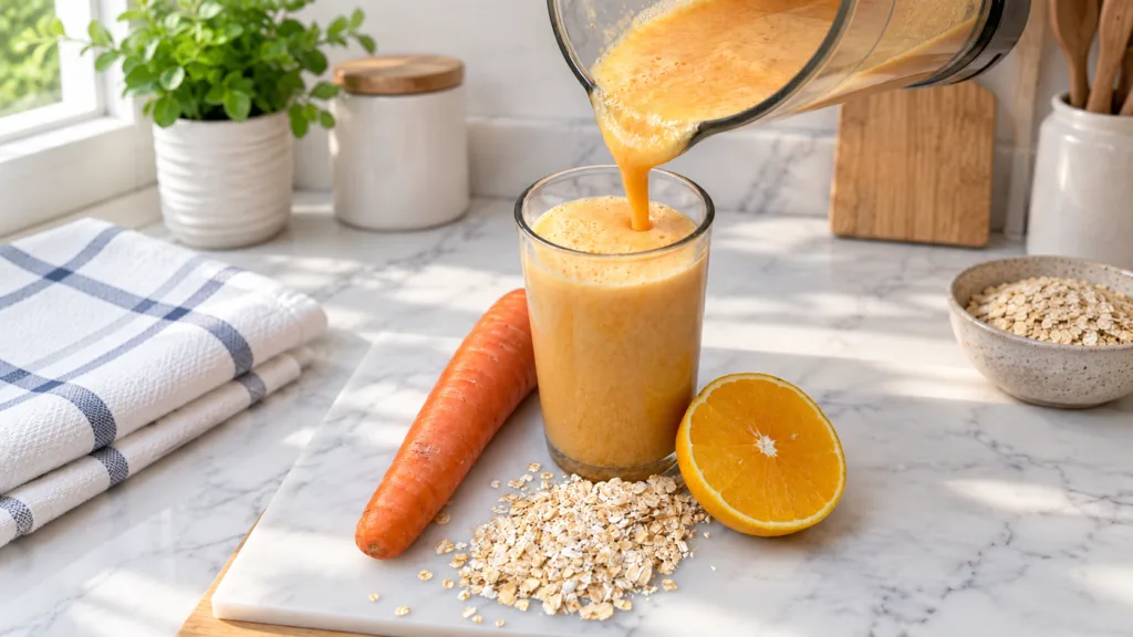 Smoothie de zanahoria y naranja siendo vertido en un vaso con ingredientes frescos al lado