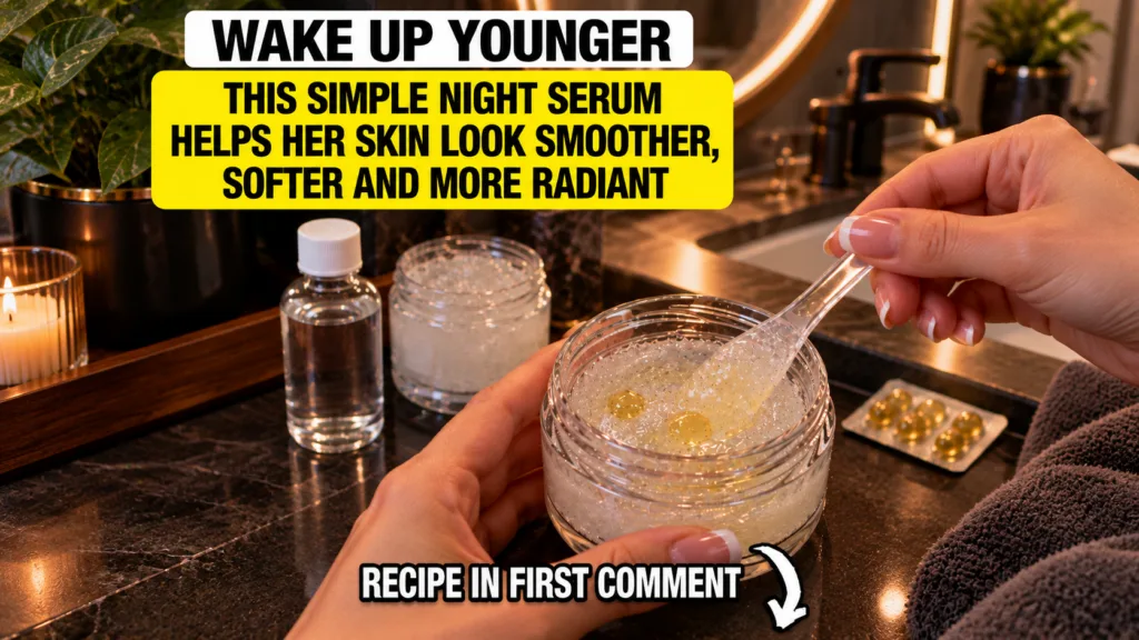 Hands preparing a homemade cosmetic serum on a bathroom counter featuring a glass jar with clear gel and golden liquid d