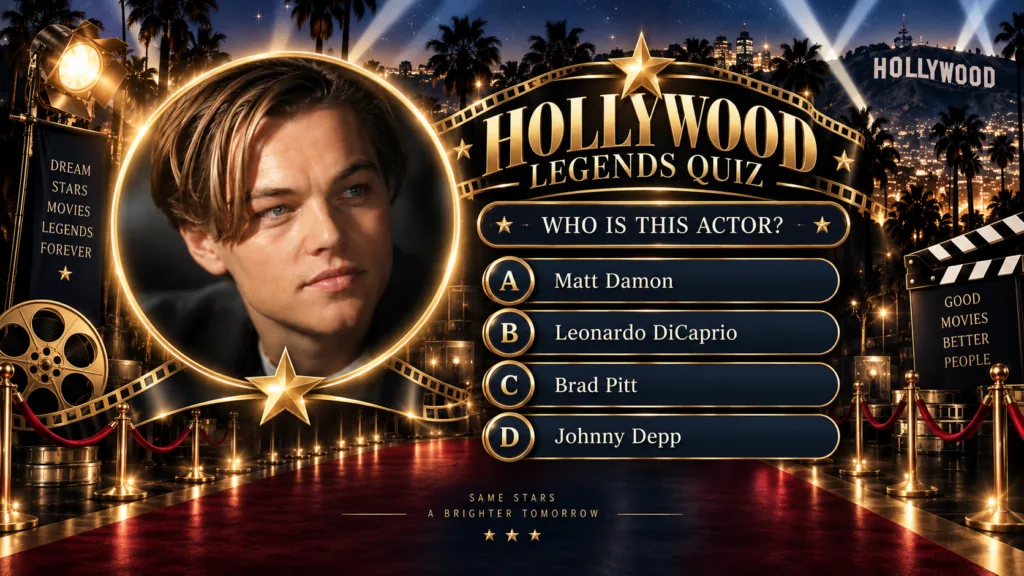 A Hollywood Legends Quiz poster featuring a young Leonardo DiCaprio within a golden circular frame with a background of 