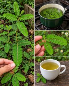 Close-up of a Mimosa pudica plant with its leaves partially folded demonstrating its sensitive nature The plant is green