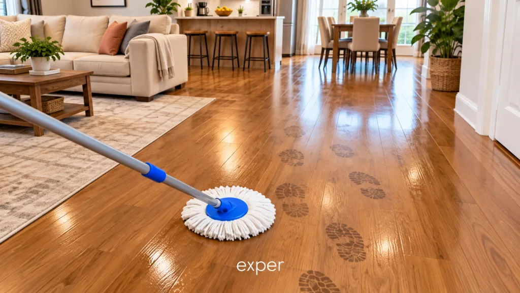 A mop actively cleaning a wooden floor with wet streaks and reflections on the polished surface Footprints are visible i