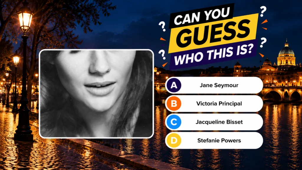 A digital quiz interface featuring a framed black-and-white close-up of Joan Crawford s lower face overlaid on a scenic 
